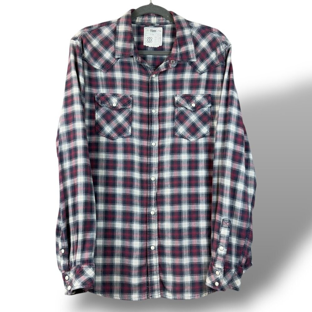 44MM Legendary Workwear Shirt Mens Sz L Red Plaid Pearl Snap Western Snap Pocket